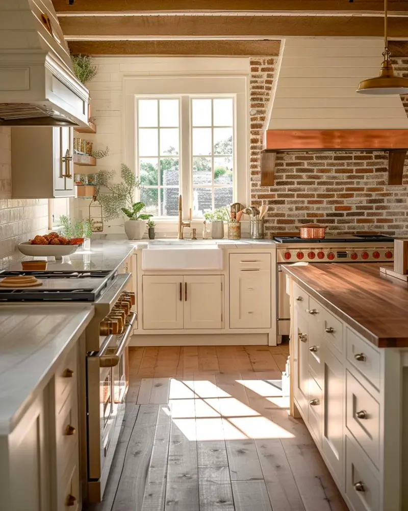 Exposed brick behind the range, a white island with a wood top and wide plank floors