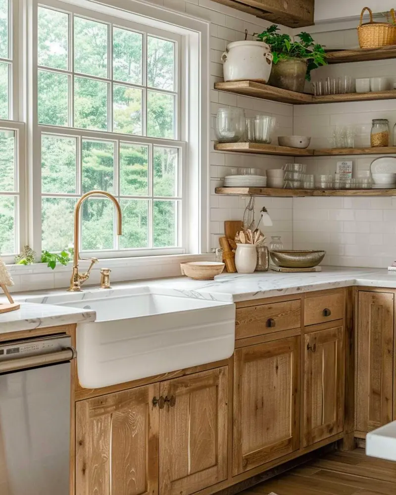 Wood base cabinets, a white apron sink and corner open shelves under a big garden window
