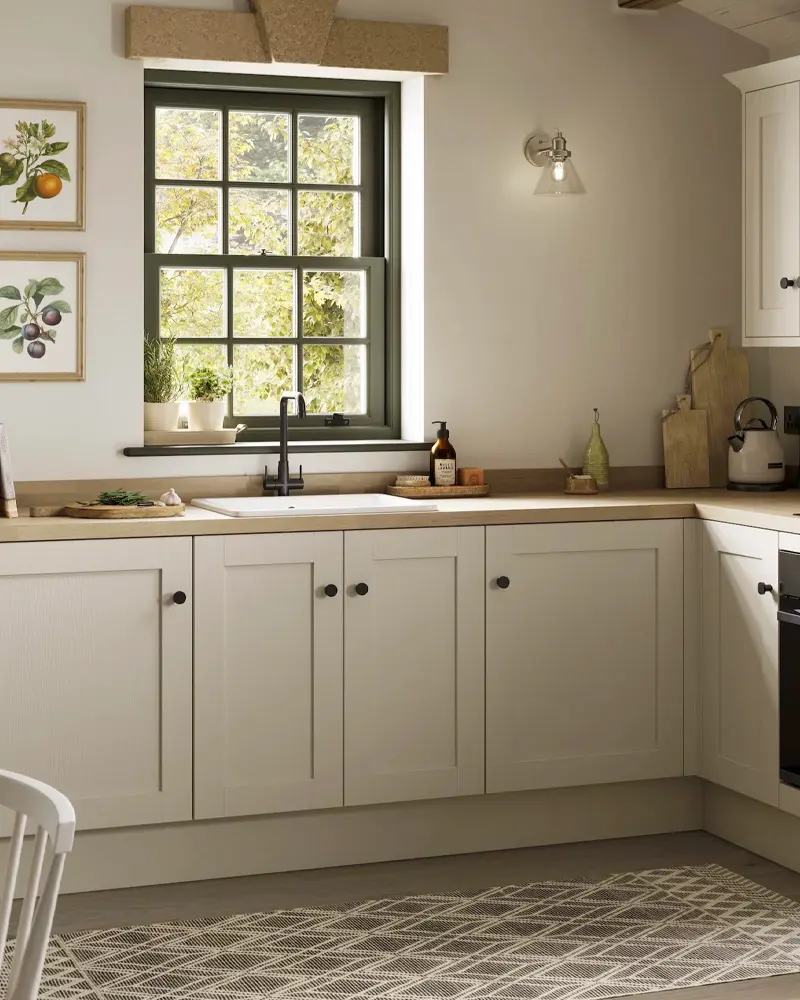 Greige shaker cabinets with black knobs under a green-framed window and botanical prints