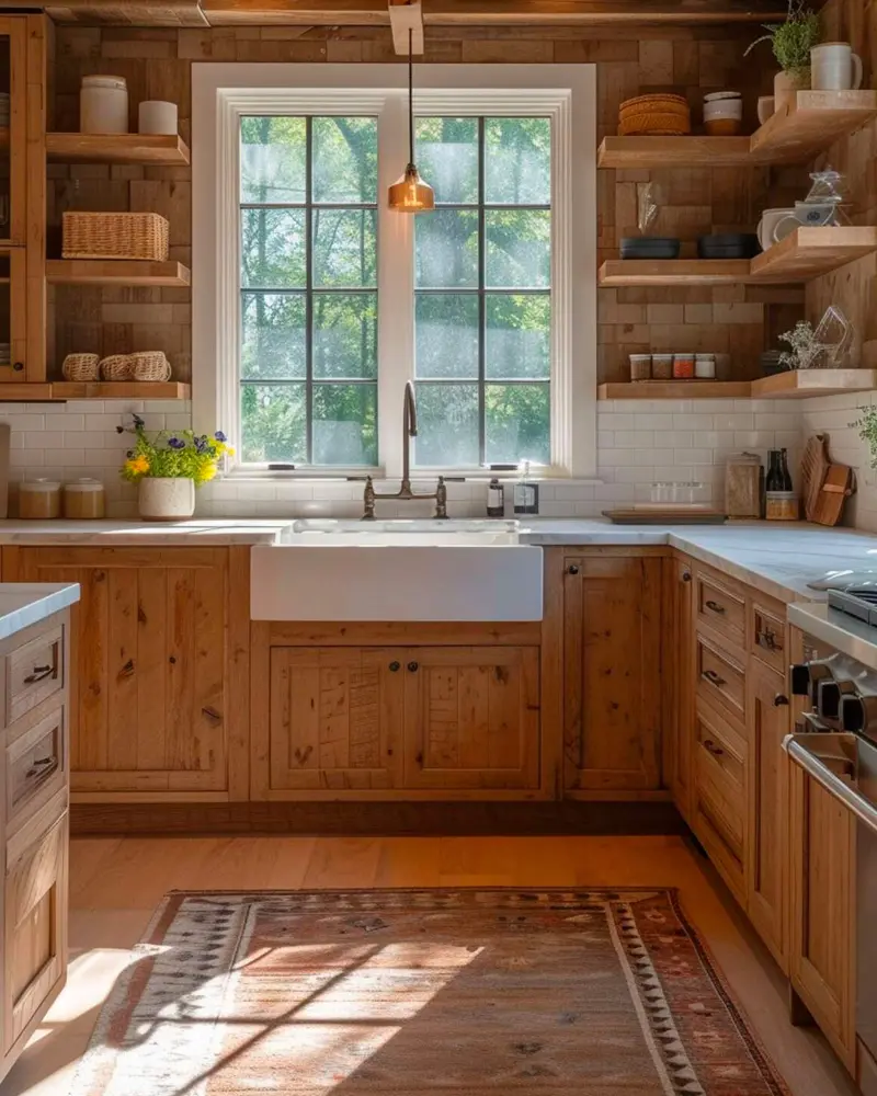 Knotty pine cabinets and shelves surrounding a window with a pendant lamp above the sink