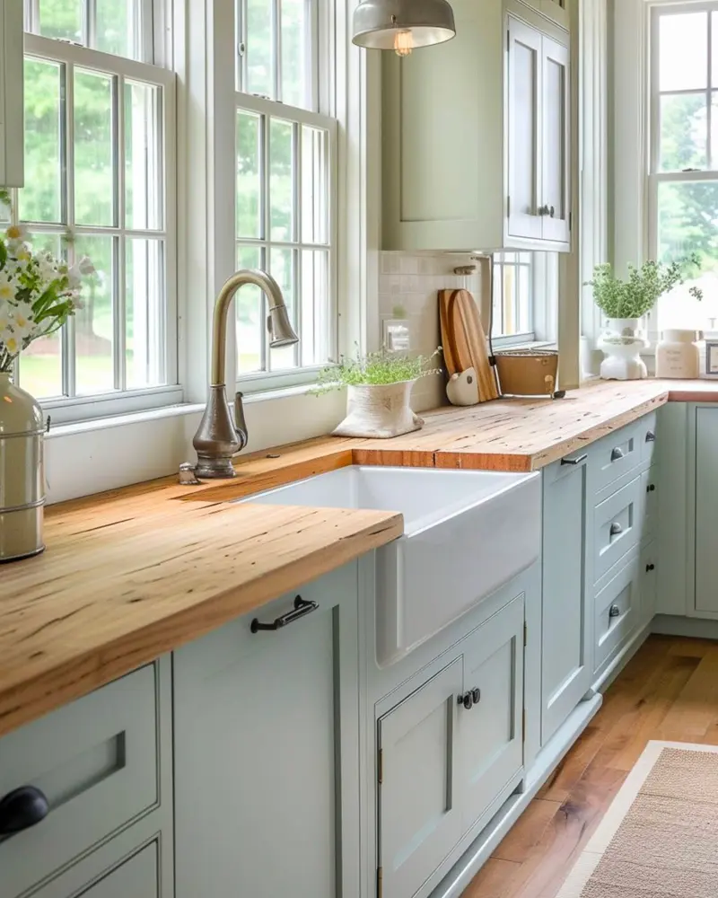 Sage green cabinets with a butcher-block counter and an apron sink below tall windows