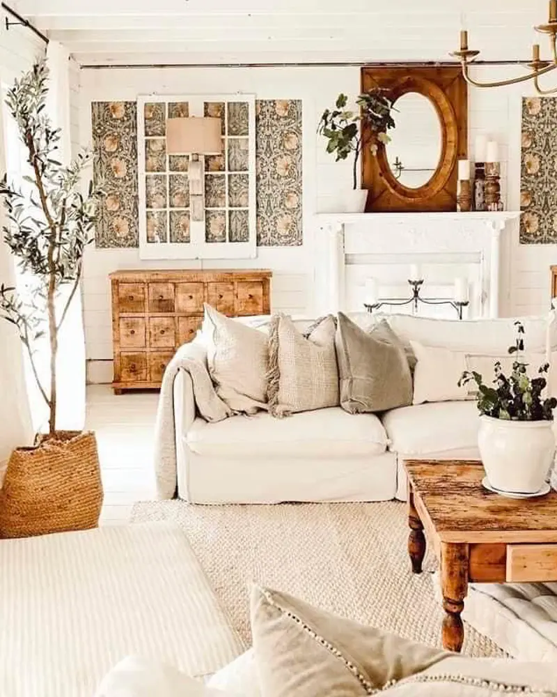 White slipcovered sofa, an olive tree in a basket and a vintage wood chest of drawers