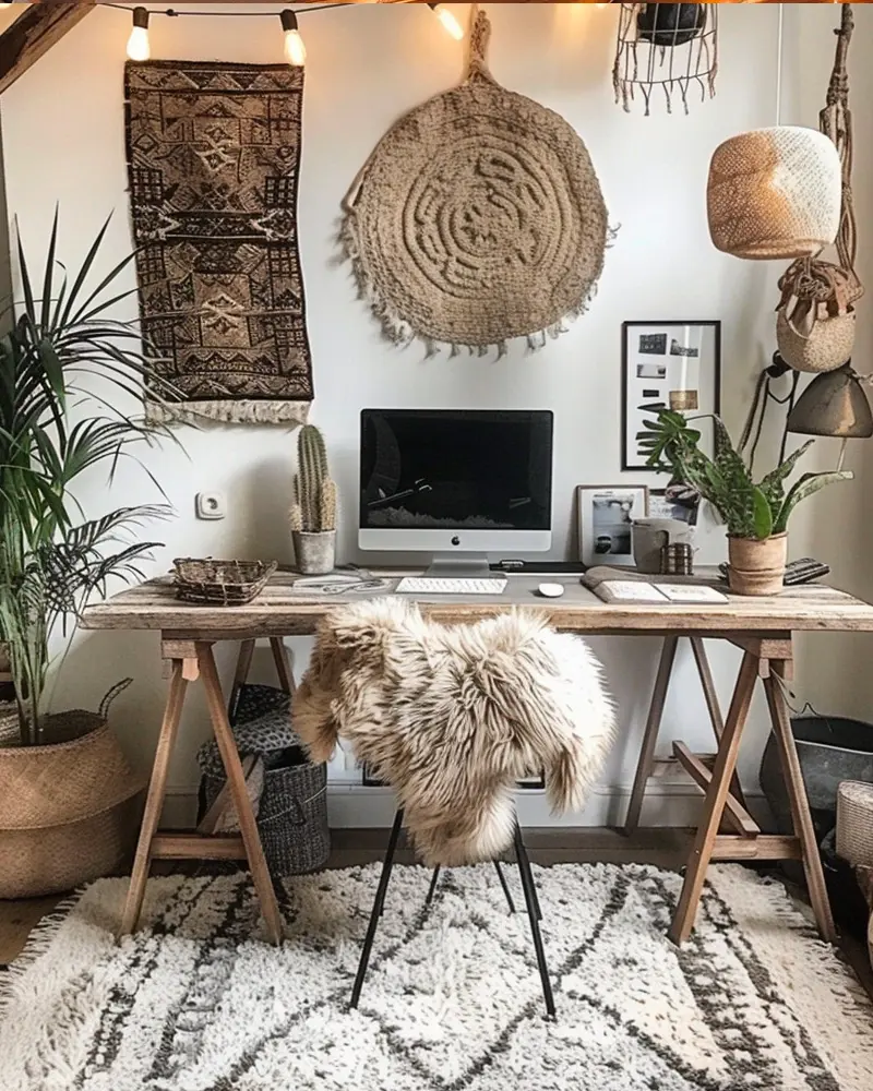 Wooden trestle desk, faux fur thrown over a wire chair, kilim wall hanging and large jute disc, plants and Berber rug
