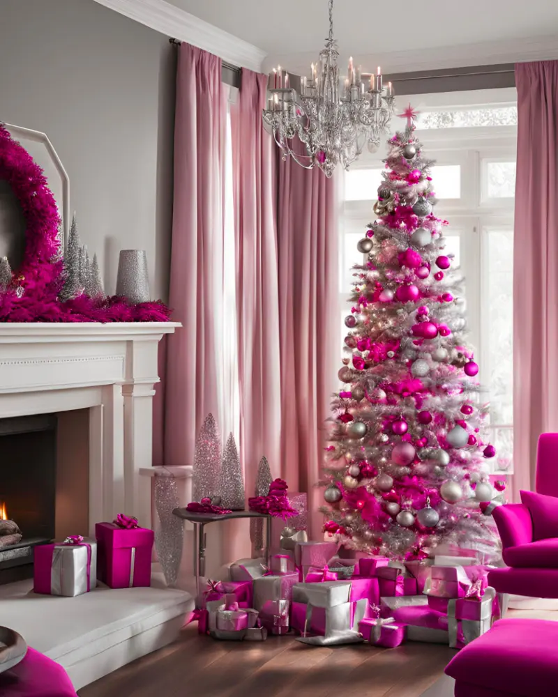 Tall Christmas tree covered in magenta and silver ornaments next to a fireplace, pink curtains and a crystal chandelier