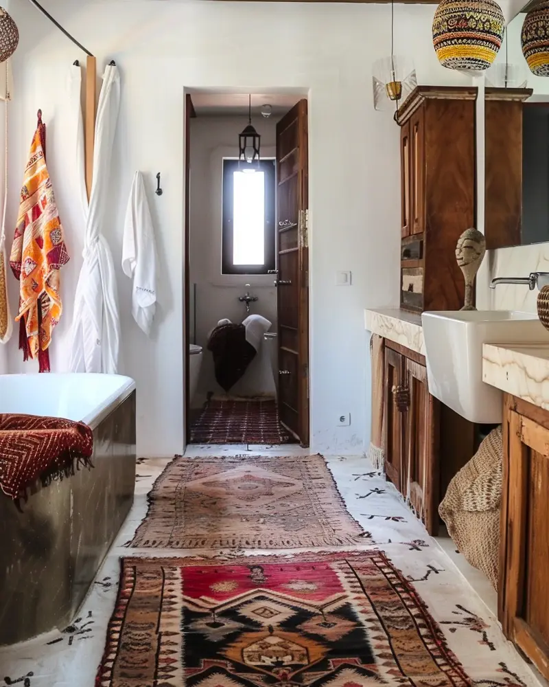Long bathroom with layered Oriental rugs, wood vanity, patterned towels and colorful woven pendant