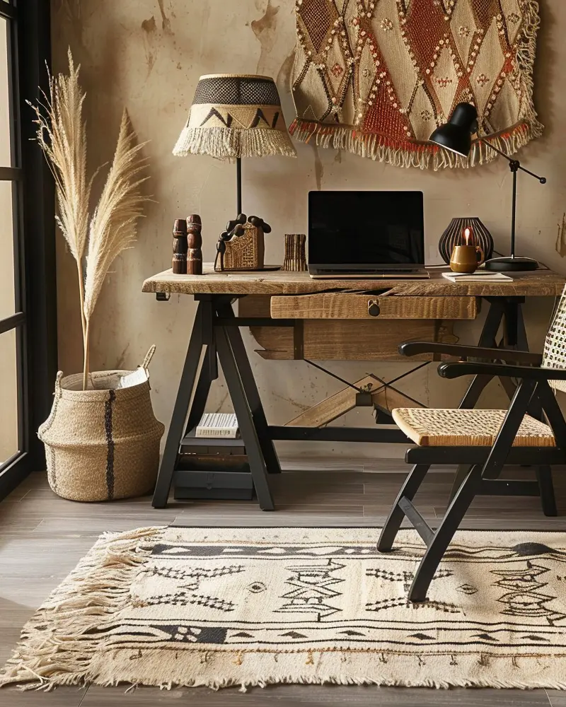 Diamond-pattern kilim on the wall, fringed table lamp and black sawhorse desk over a black-and-white rug