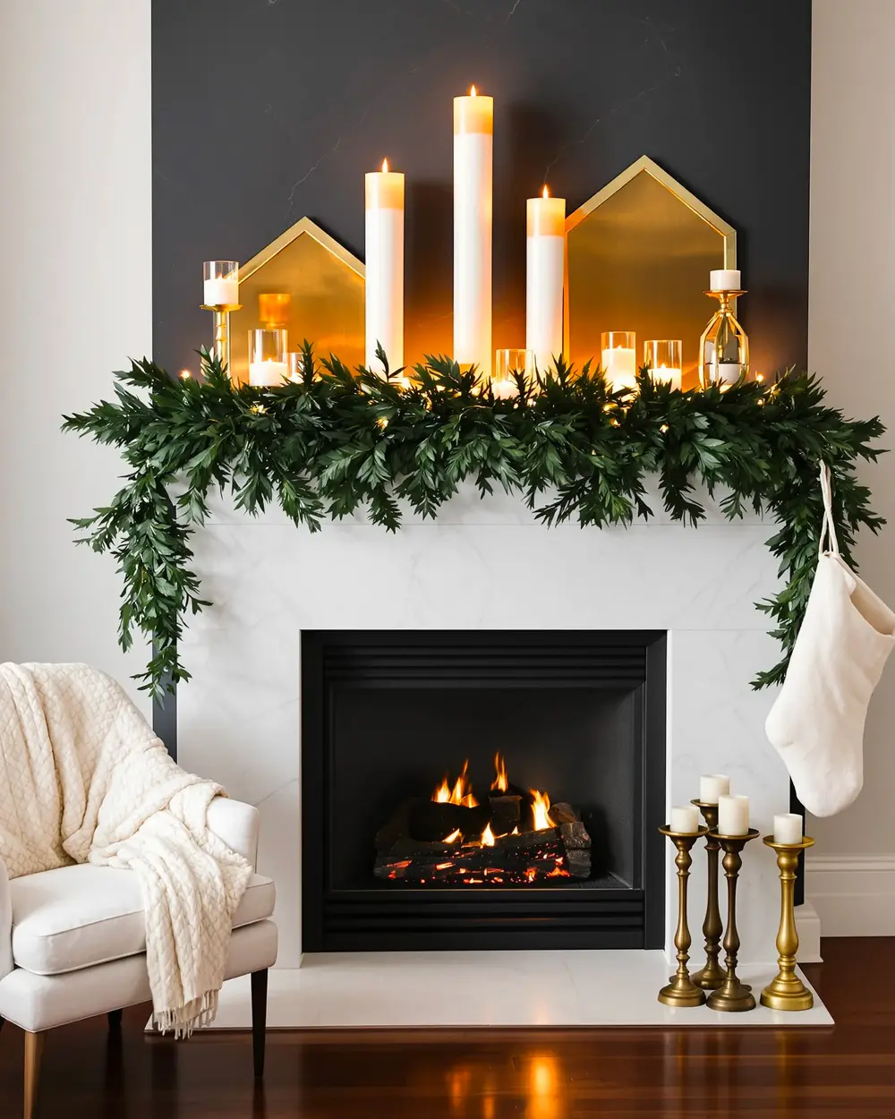 Modern white fireplace with a greenery garland, white pillar candles, gold house cutouts and brass candlesticks