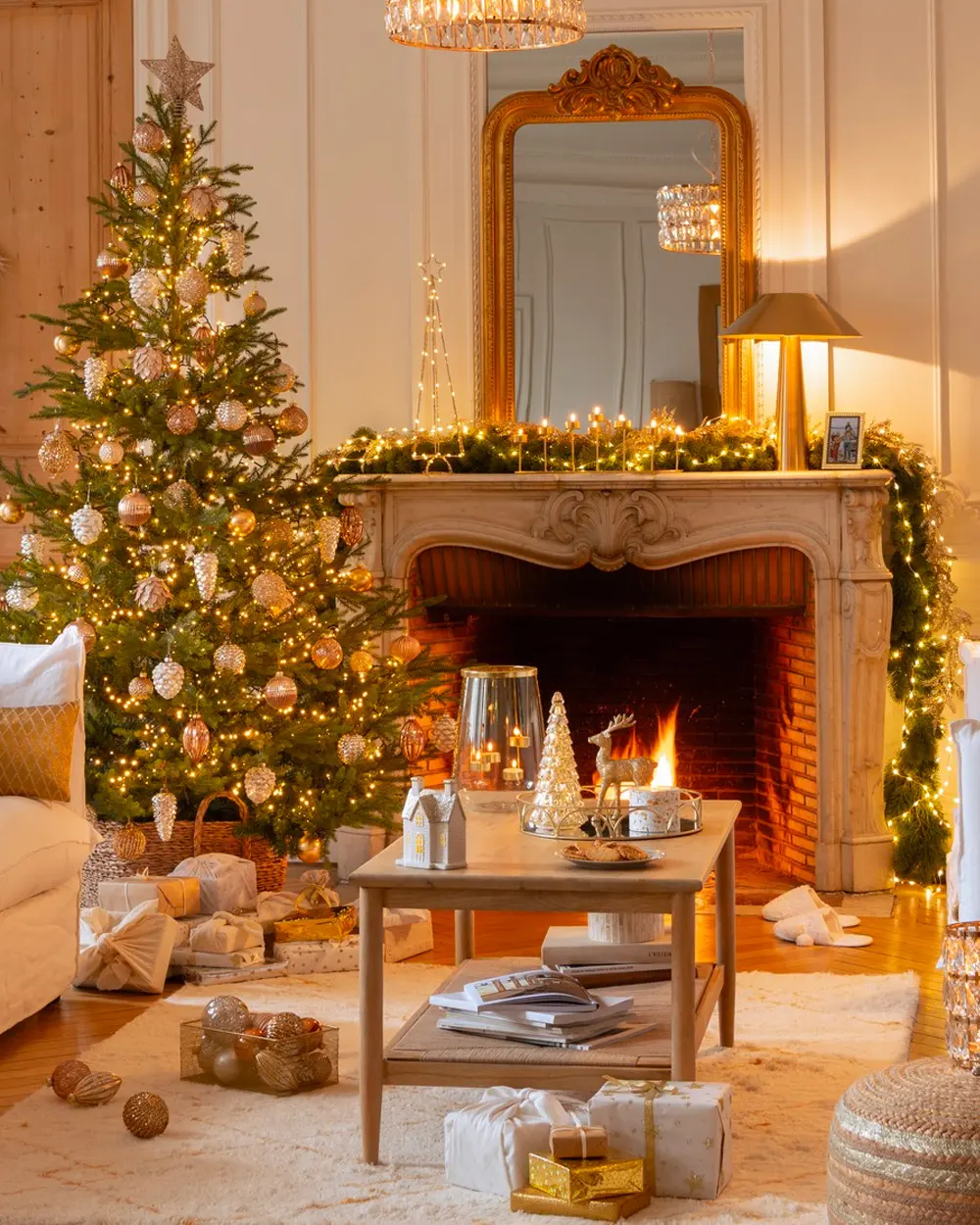 Living room with a warm-lit Christmas tree, gilded mirror over a stone fireplace and wrapped gifts