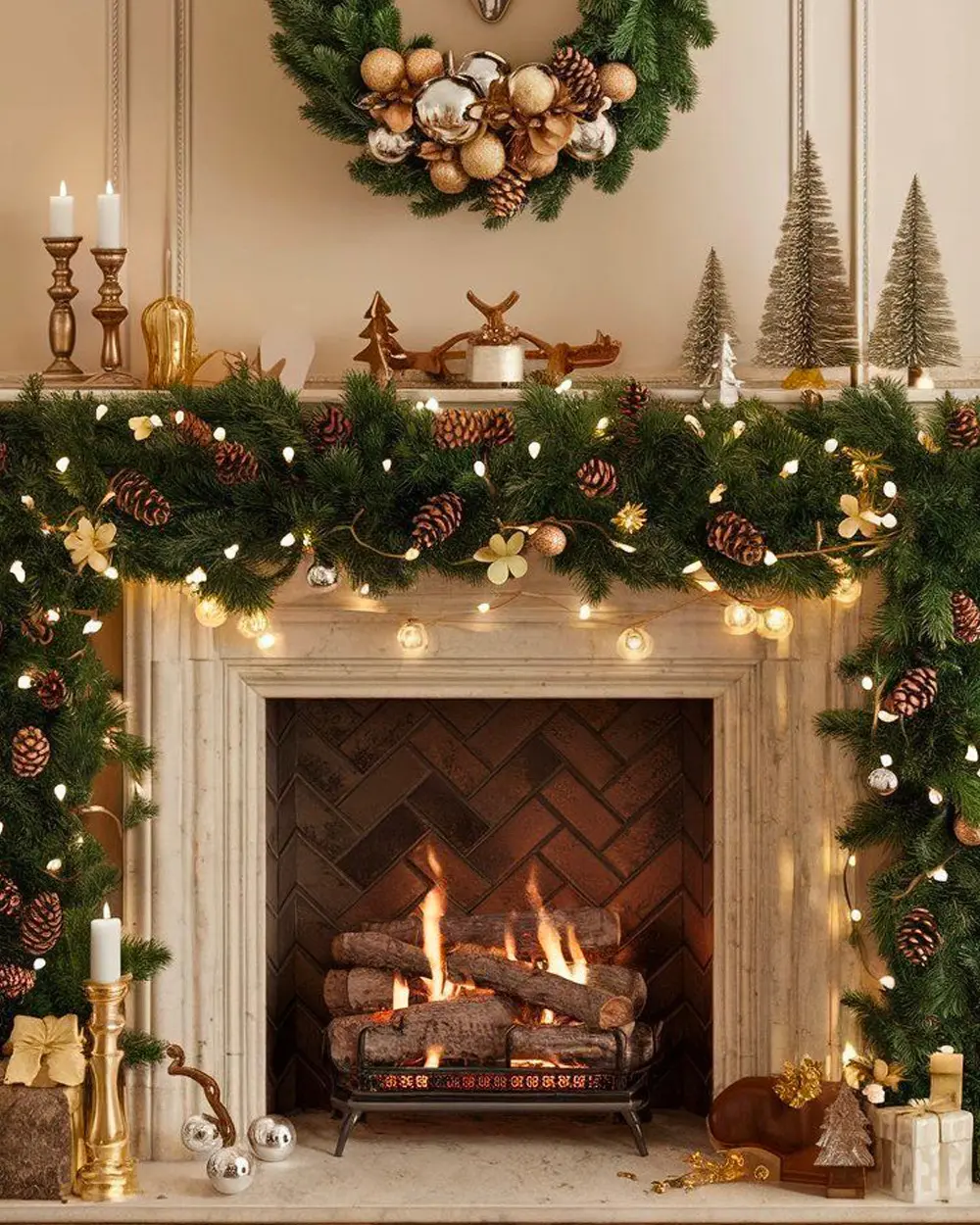 Fireplace with evergreen and pinecone garland, gold wreath, bottle-brush trees and gold candlesticks
