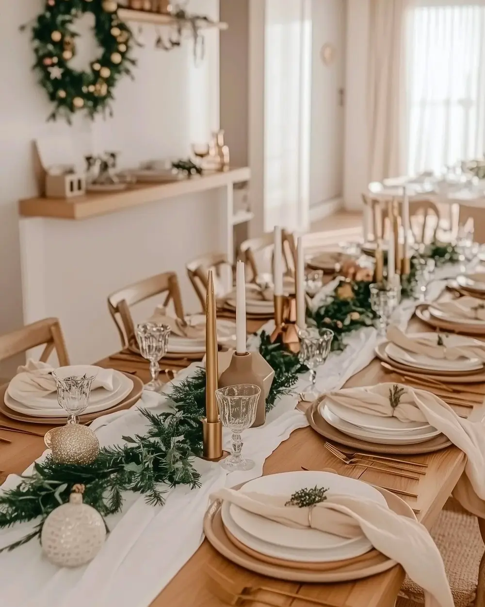 Long wooden table with greenery runner, brass candlesticks, gold ornaments and white plates