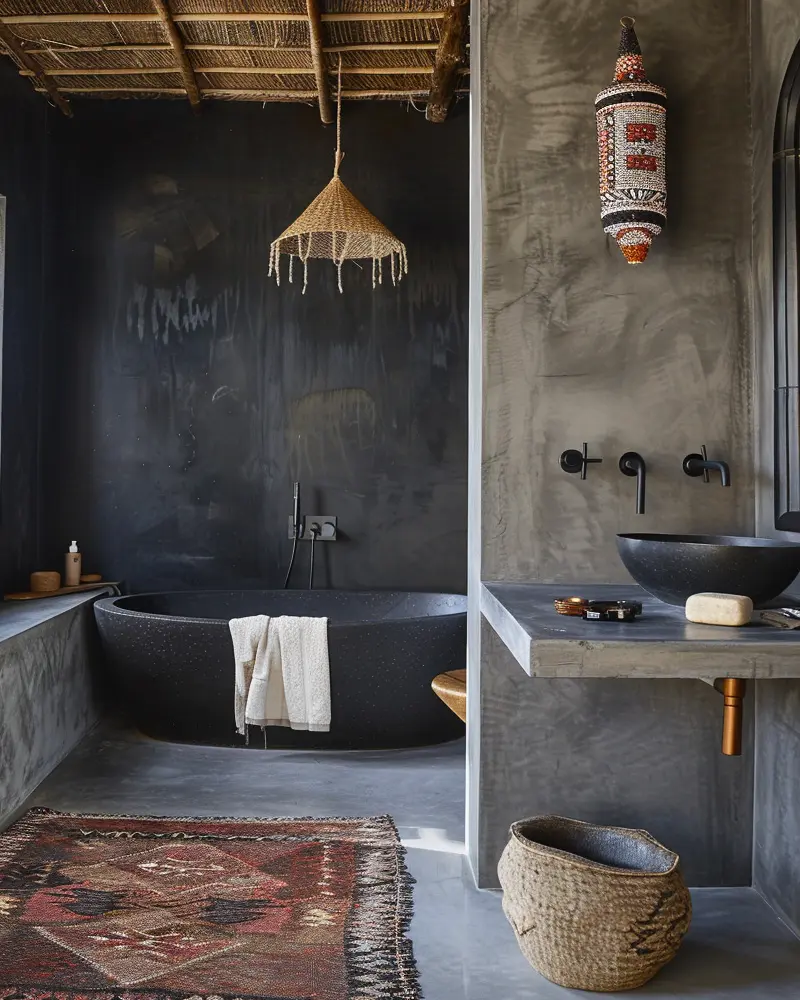 Charcoal plaster bathroom with dark tub, black basin, Oriental rug, woven pendant and lantern