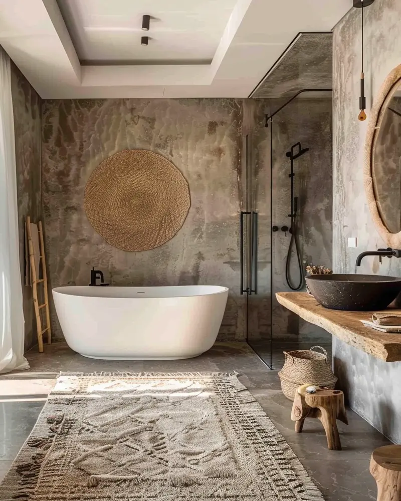 Gray microcement bathroom with white tub, woven wall disc, glass shower and wood vanity with stone basin