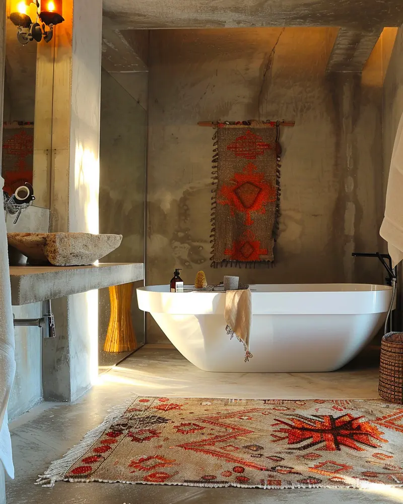Concrete bathroom with white tub, red kilim wall hanging, stone sink and red patterned rug