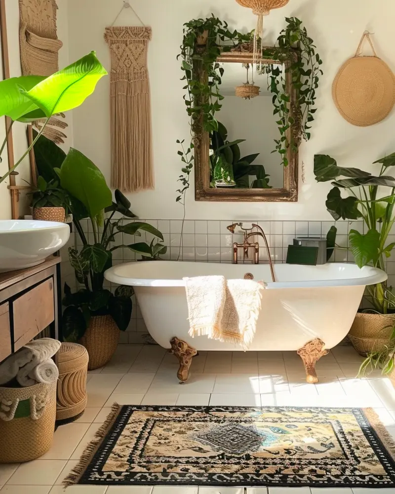Clawfoot tub on Oriental rug, ivy around a mirror, macramé hanging and woven plates
