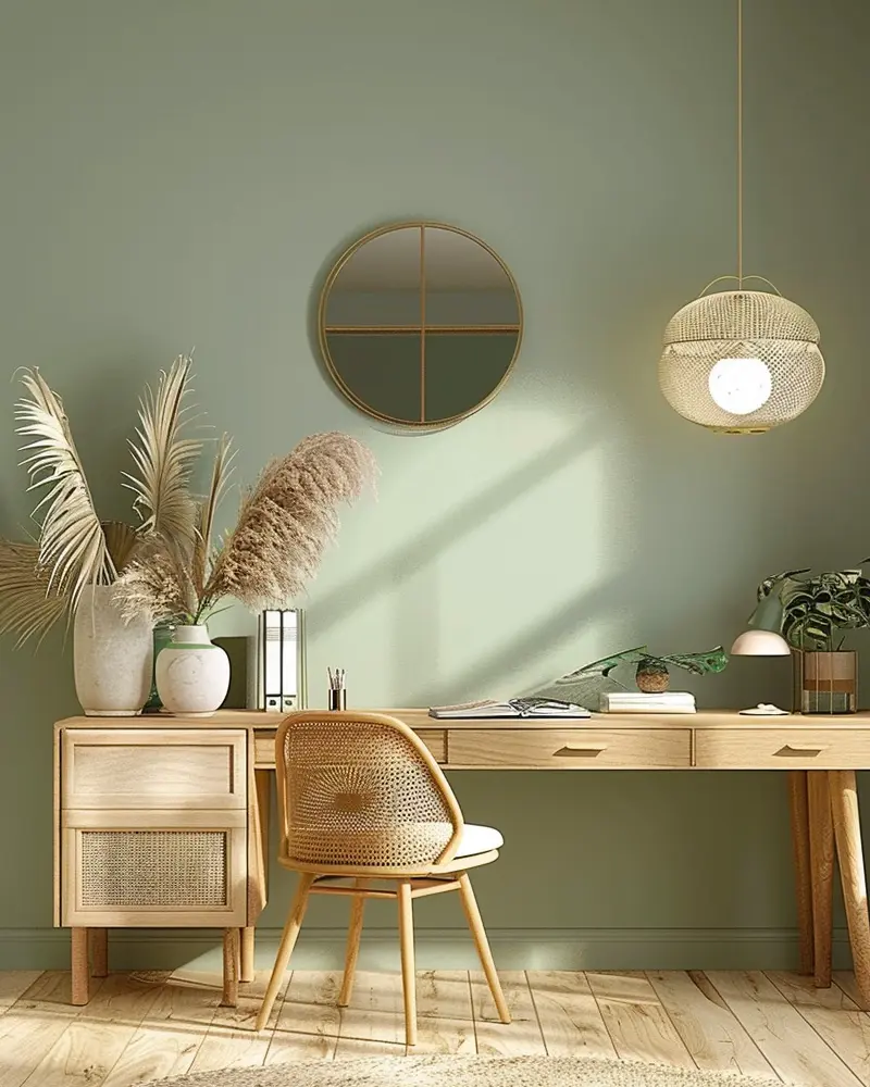Sage green wall, round brass mirror, rattan pendant, pale wood desk with cane chair and pampas grass