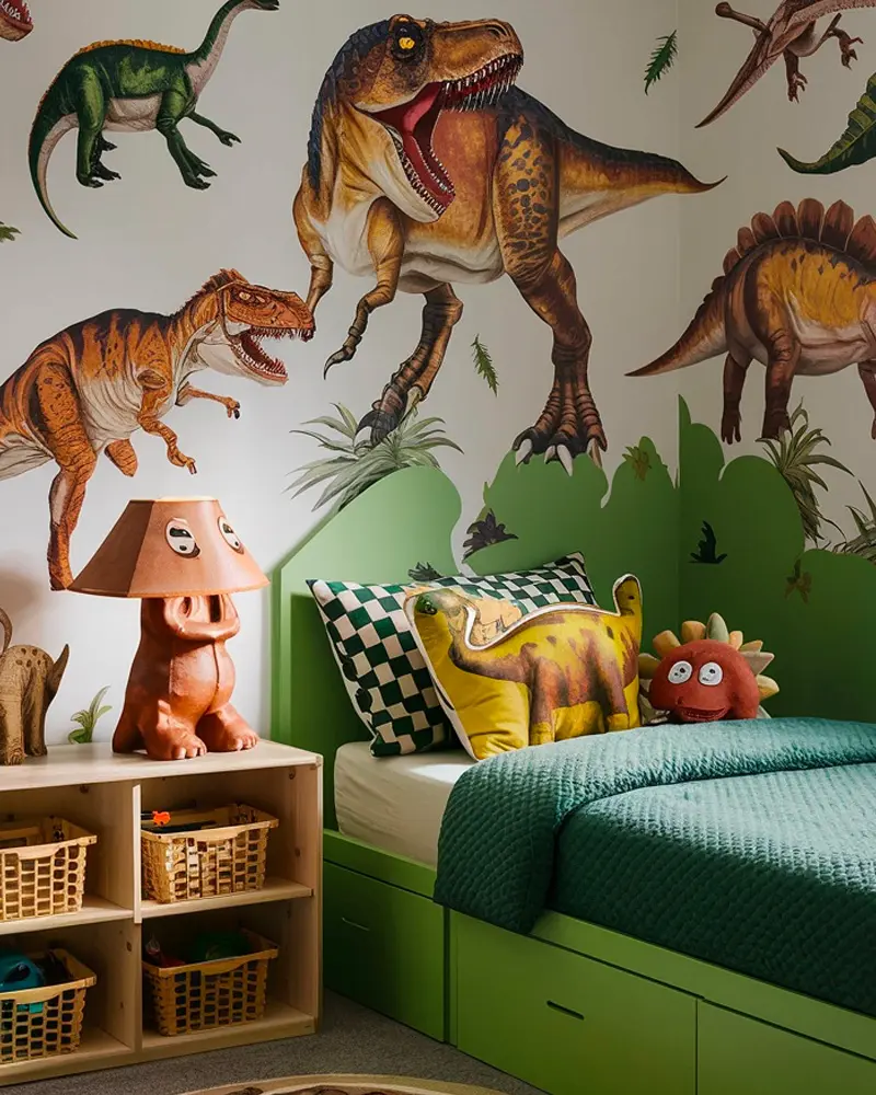 Kids room with large realistic dinosaur wall decals, green bed and dinosaur lamp