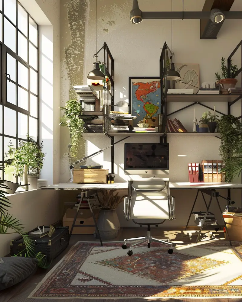 Black steel shelving with plants and books, factory-style windows, white desk and a Persian rug in a loft