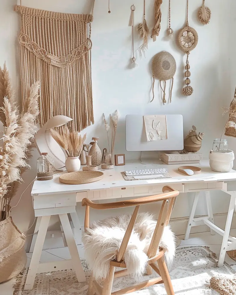 White trestle desk with an iMac, macramé wall hangings, pampas grass and a wooden chair with a sheepskin