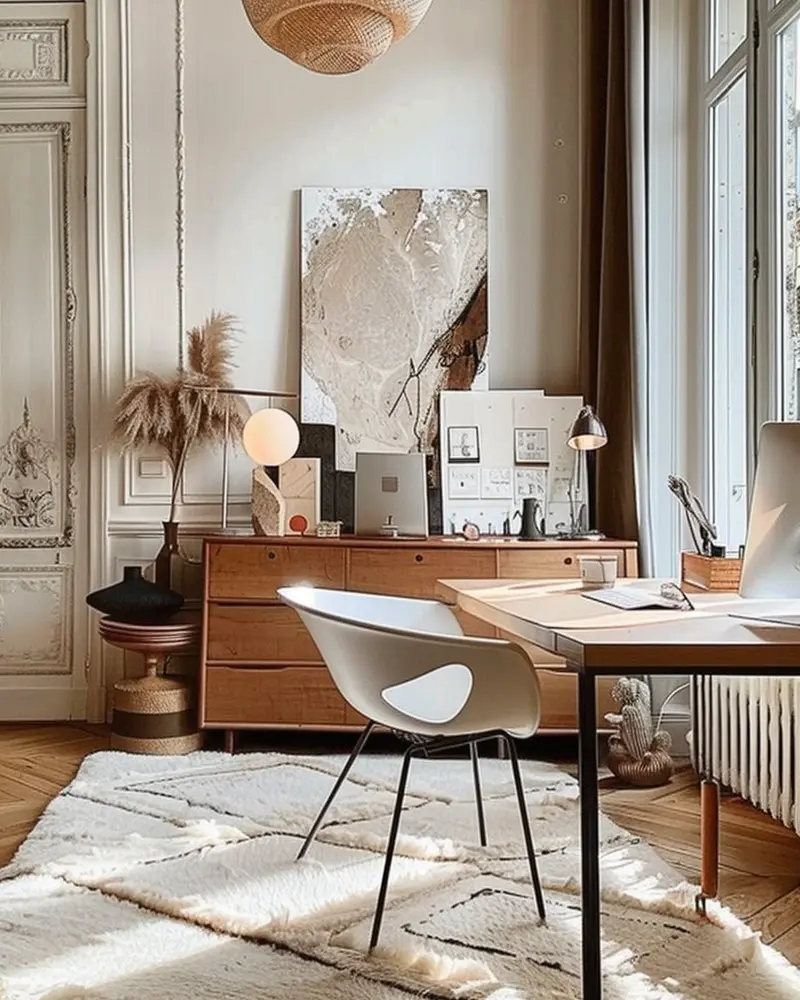 White shell chair, teak sideboard with a globe lamp, molded walls and a large abstract canvas