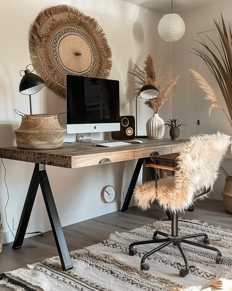 Reclaimed-wood desk on black legs, faux fur swivel chair, woven wall disc and striped rug