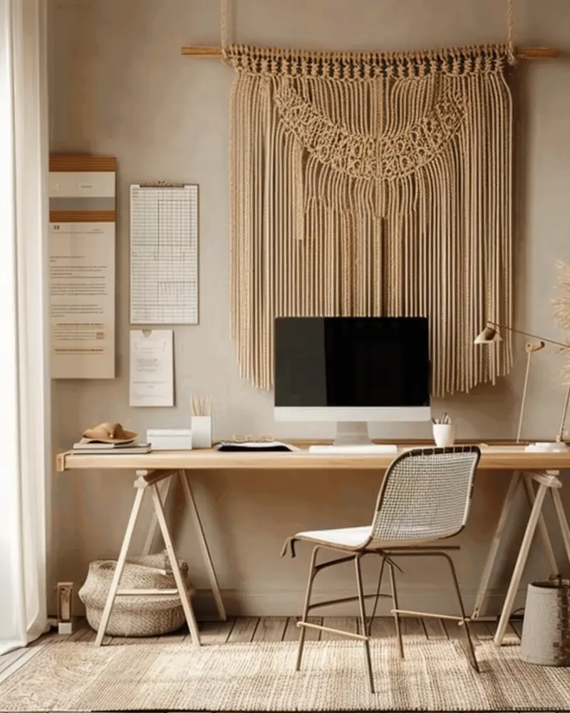 Large macramé hanging above a simple wooden trestle desk with an iMac, wire chair and woven basket