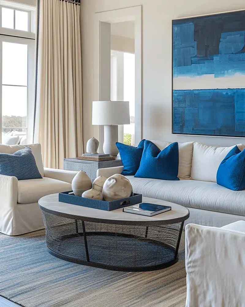 Modern coastal living room with a white sofa, cobalt blue pillows, a large blue abstract painting, an oval wire coffee table and a blue striped rug