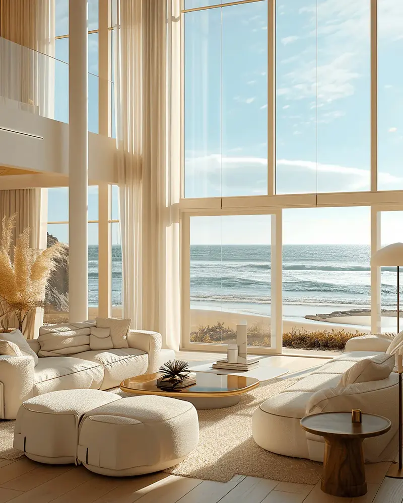 Minimalist living room with floor-to-ceiling windows overlooking the beach, curved cream sofas, round poufs, sheer curtains and pampas grass