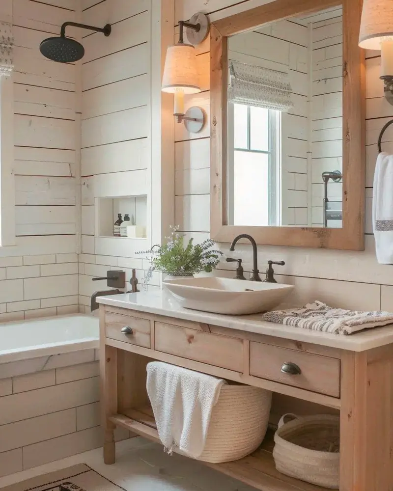 Bathroom with white shiplap walls, a wood-framed mirror, a light oak vanity with an open shelf and a stone vessel sink