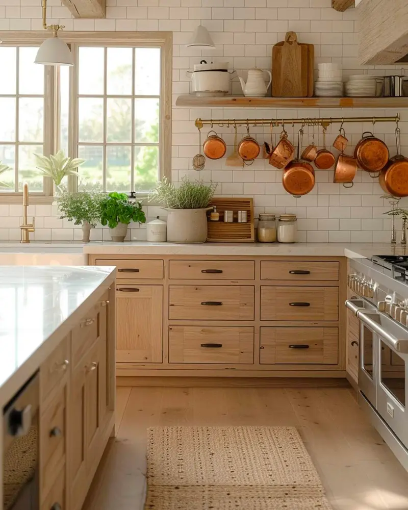 Light oak cabinets with a rail of copper pans, subway tile and a stainless range