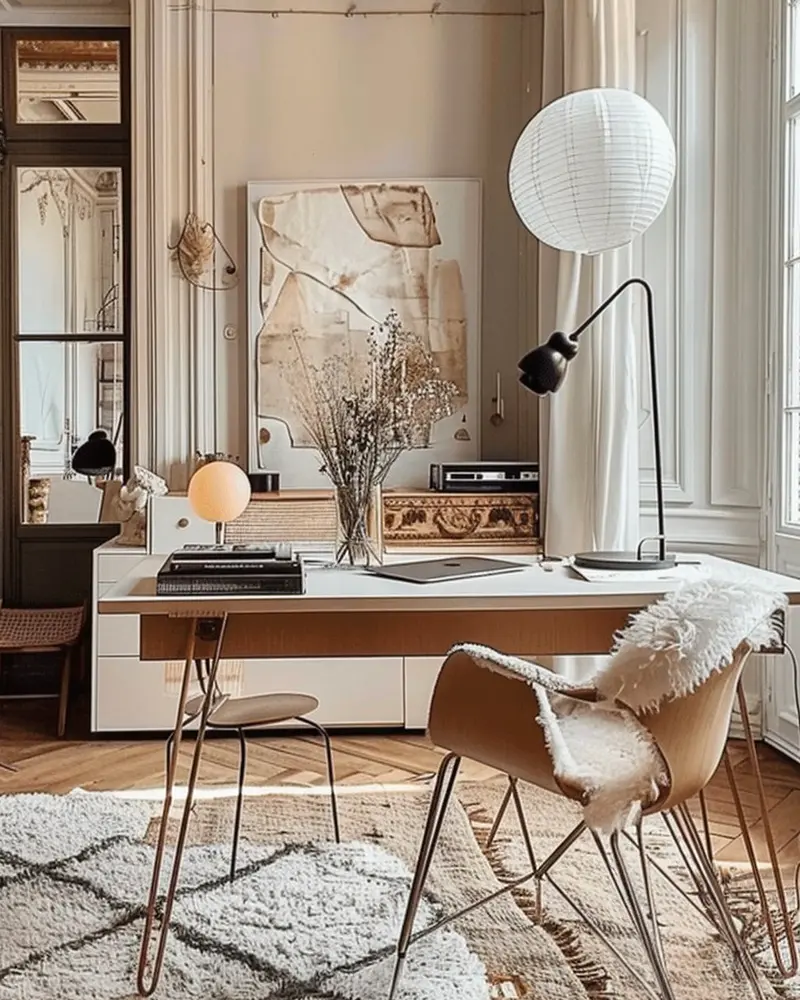 Hairpin-leg white desk, paper globe floor lamp, sheepskin on a leather chair and Berber rug