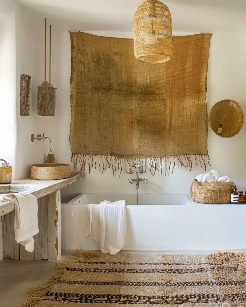 White tub under a large woven jute wall hanging, rattan pendant and striped rug