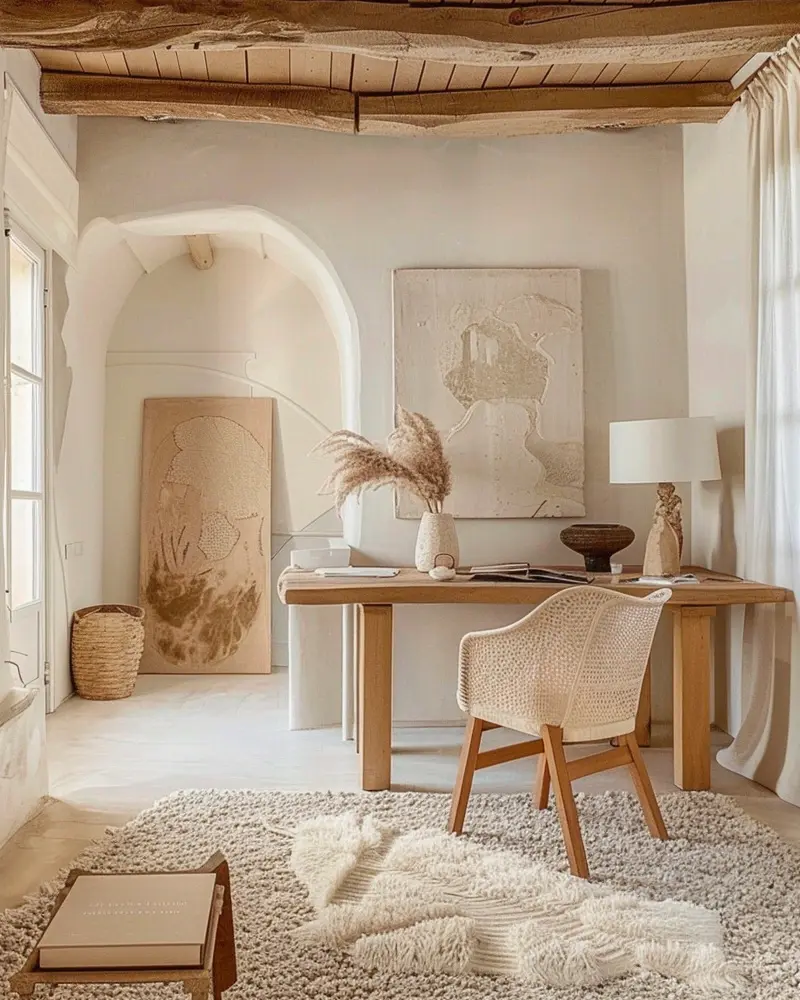 White plaster room with an arched niche, light oak desk, woven-back chair and shaggy cream rug