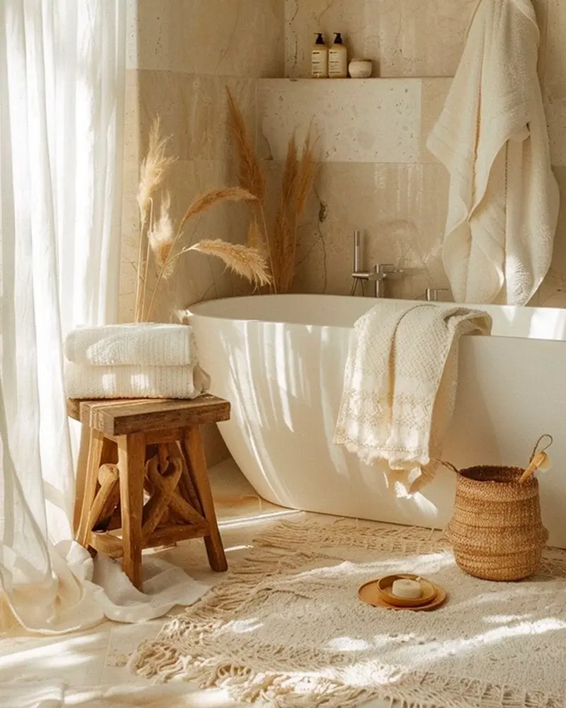 Cream bathroom with soaking tub, pampas grass, wood stool, fringed rug and sheer curtains