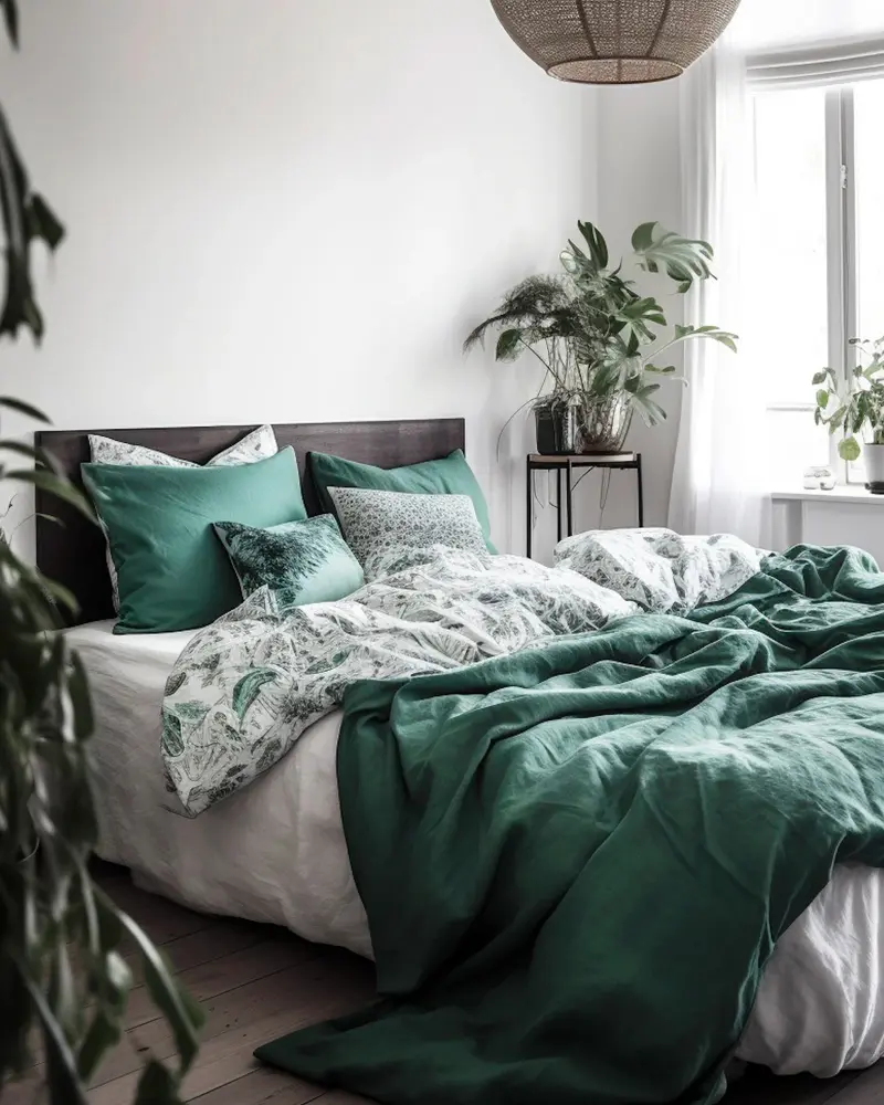 White bedroom with rumpled emerald and leaf-print bedding and houseplants