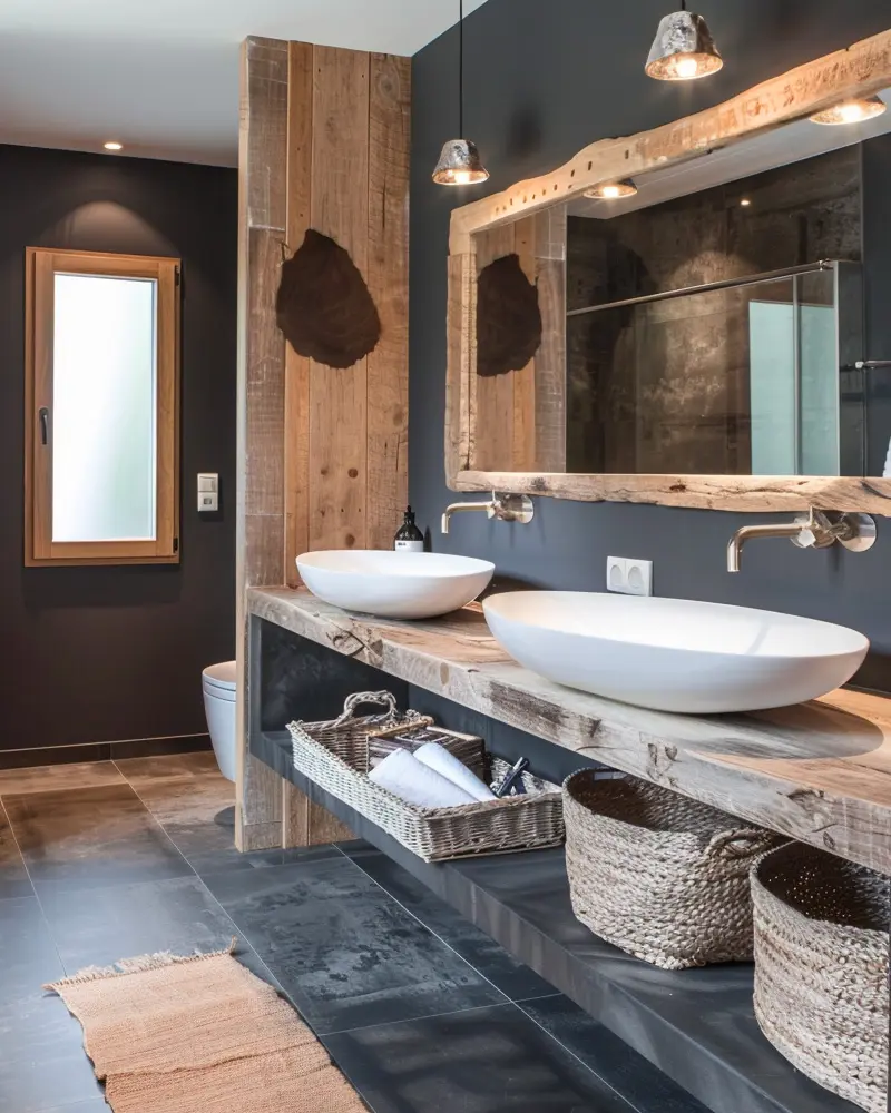 Reclaimed wood vanity with two white basins, wood-framed mirror, woven baskets on a dark wall