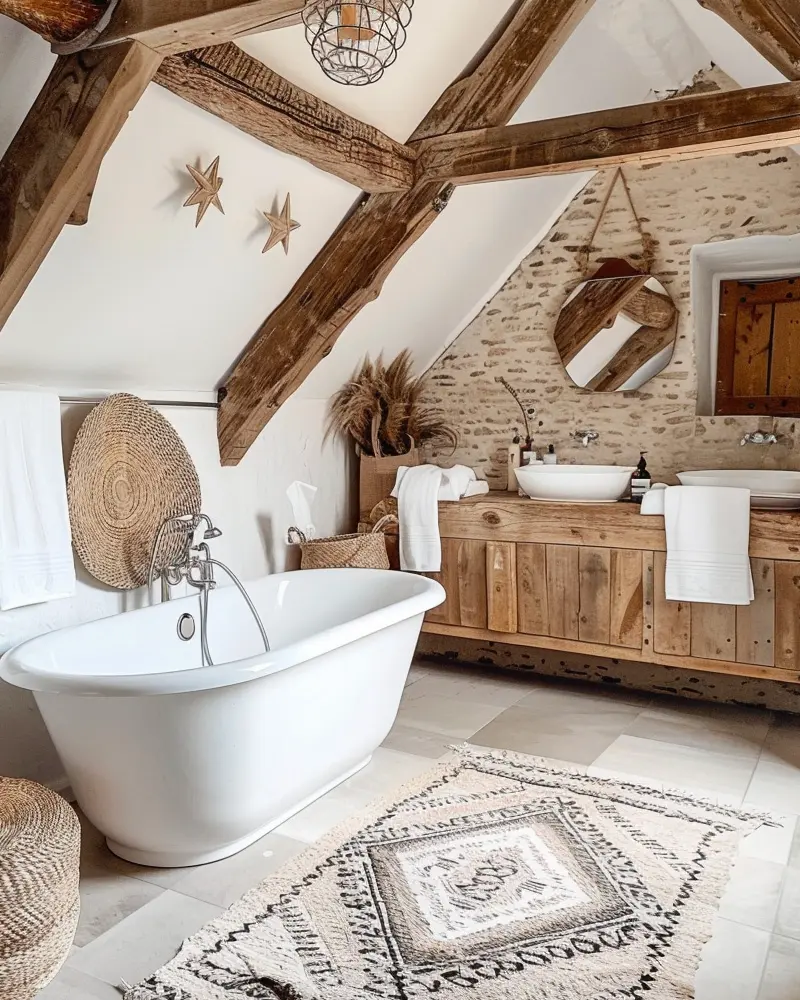 Attic bathroom with clawfoot tub, wood beams, stone wall, wood vanity and geometric rug
