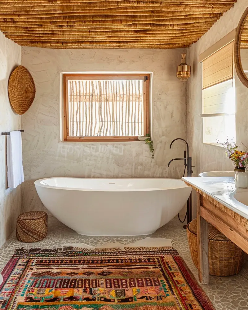 Freestanding tub on colorful striped rug, bamboo ceiling, wood vanity and woven wall plate