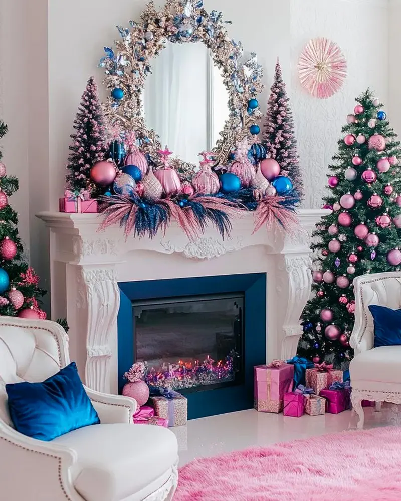 White fireplace with an ornate mirror, pink and blue ornaments on the mantel, a pink rug and a blue velvet pillow on an armchair