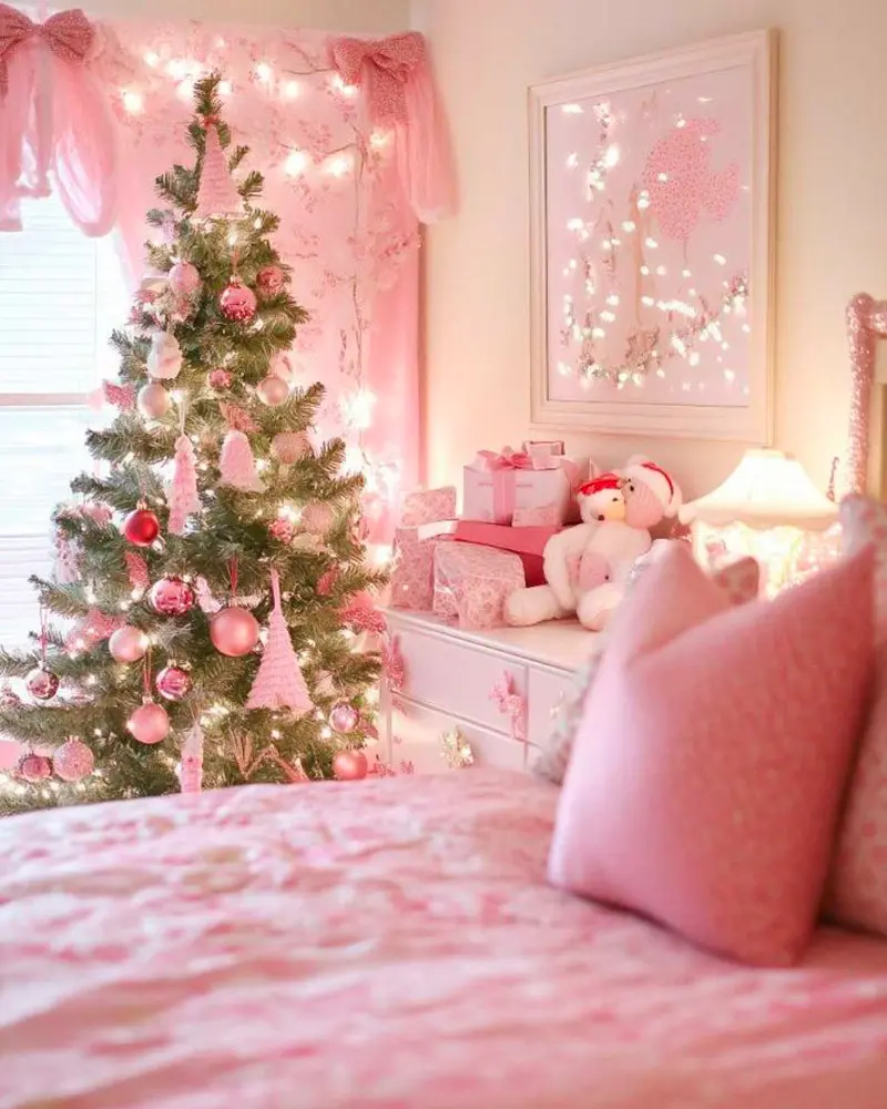 Bedroom with pink bedding, a fluffy pink pillow and a small Christmas tree with pink ornaments by the window