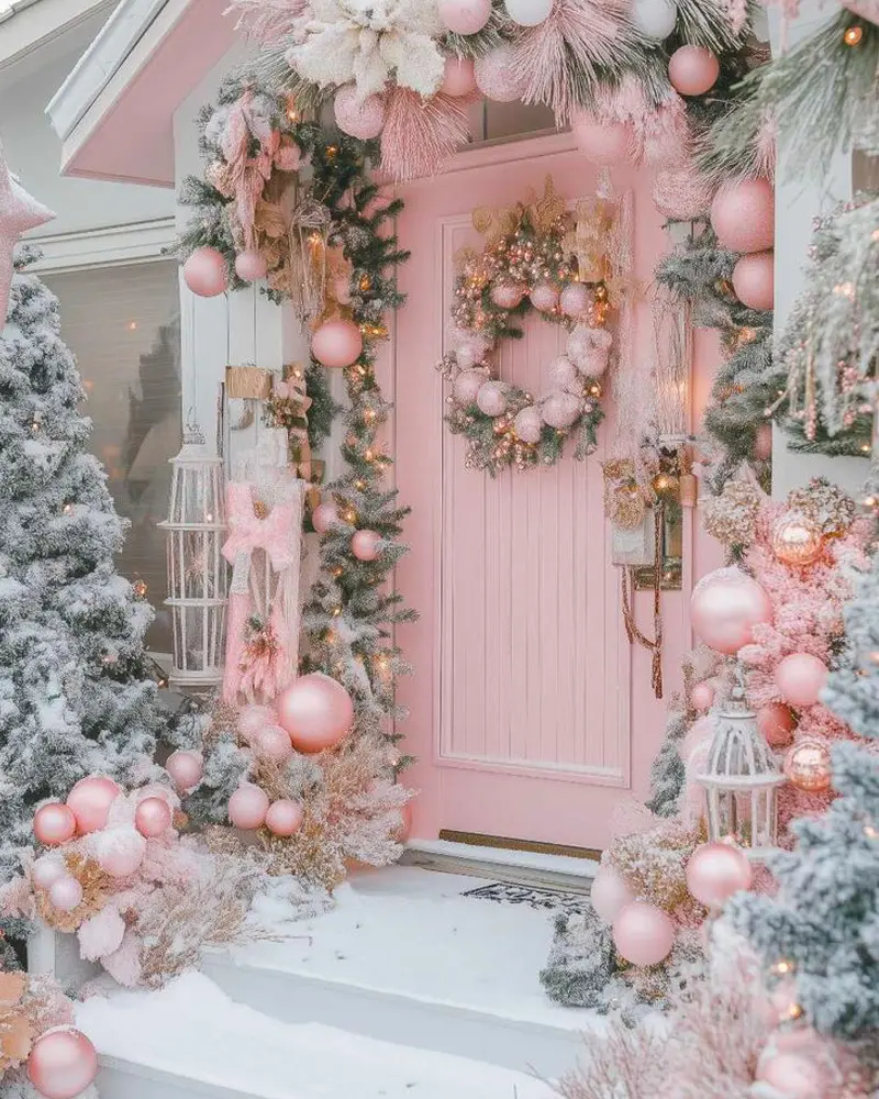 Pink front door framed by a garland of pink ornaments, with a matching wreath and frosted trees on the porch