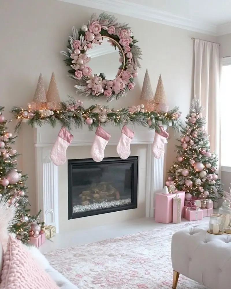 Fireplace with a large pink floral wreath above, pink stockings and a garland with small trees on the mantel