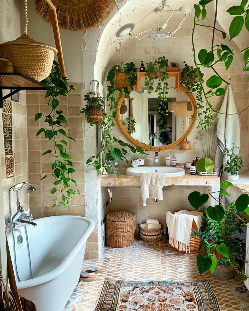 Bathroom with clawfoot tub, round mirror wrapped in vines, hanging plants and woven baskets