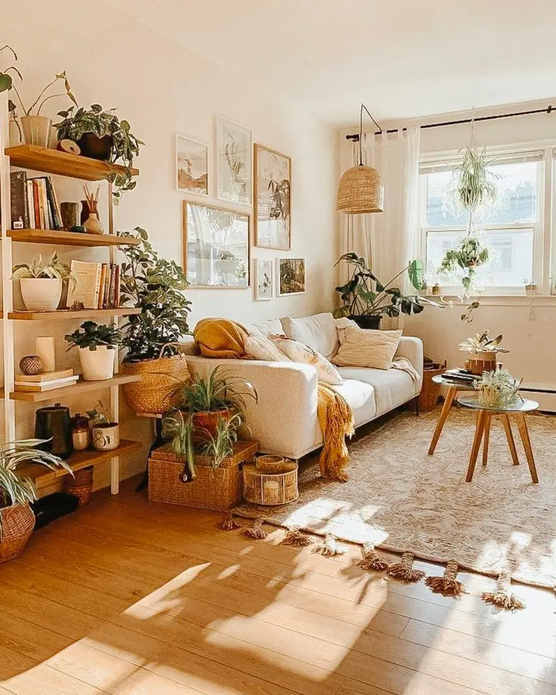 Sunlit living room with wood shelves full of plants, cream sofa, gallery wall and rug