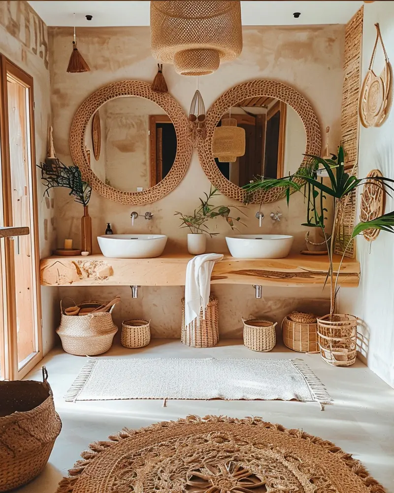 Twin rattan-framed round mirrors, wood shelf with two basins, round jute rug and plants