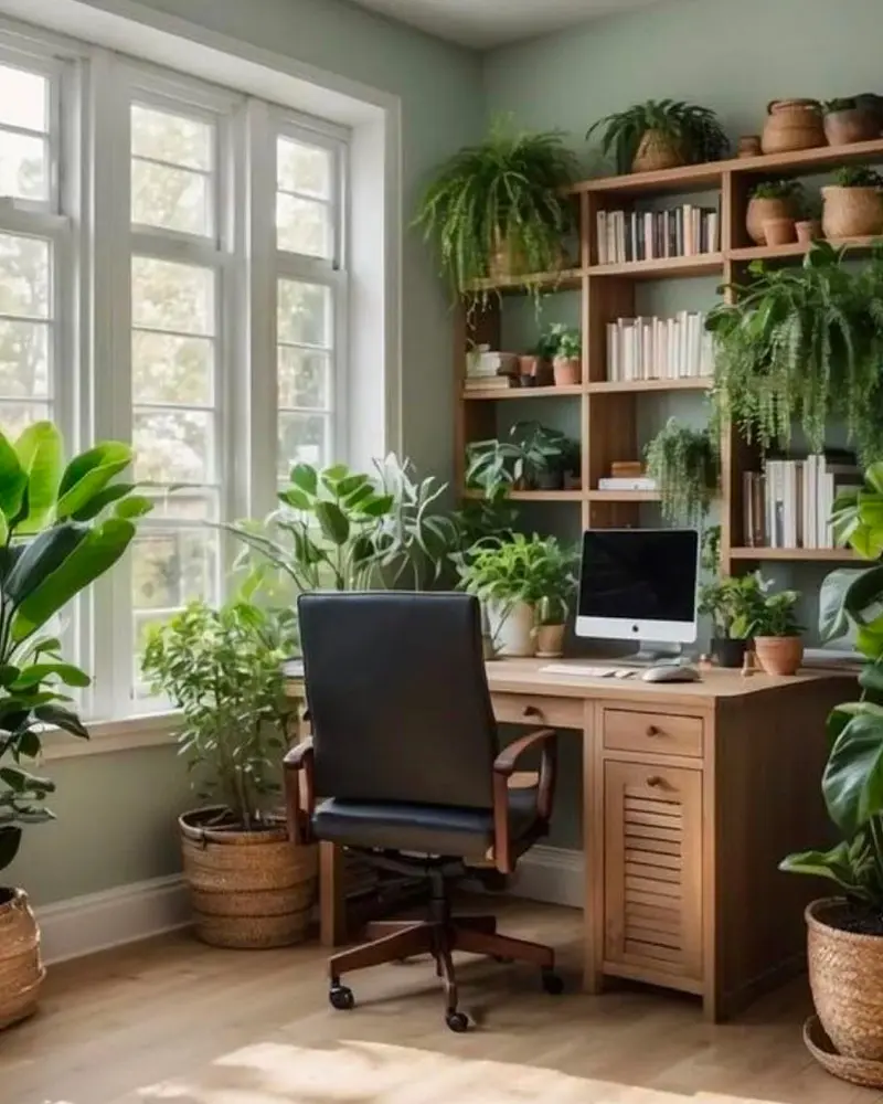 Bright home office with a wood desk, leather chair and shelves full of plants