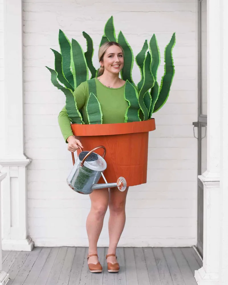 Woman in a terracotta flowerpot costume with tall felt snake-plant leaves holding a watering can