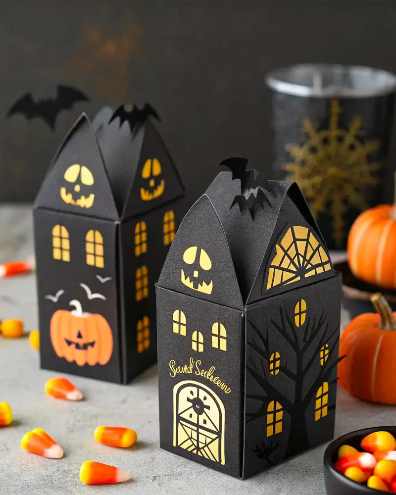 Black haunted house treat boxes with gold windows and jack-o'-lantern faces