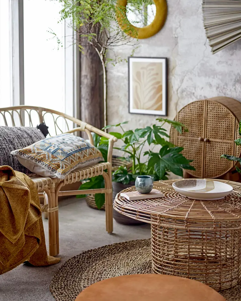 Rattan armchair with embroidered pillow, woven rattan side table, cane cabinet and leafy plants