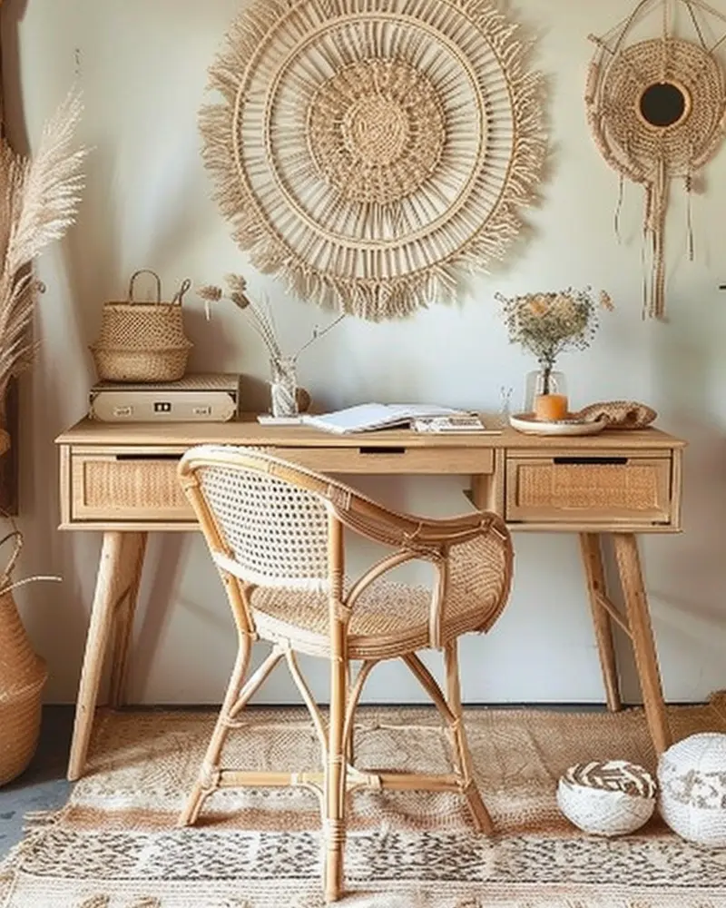Light wood desk with rattan drawer fronts, cane-back armchair, large woven wall disc and dried flowers