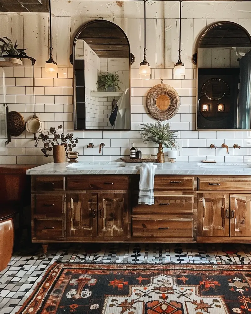 Carved wood vanity with marble top, arched mirrors, subway tile and Oriental rug